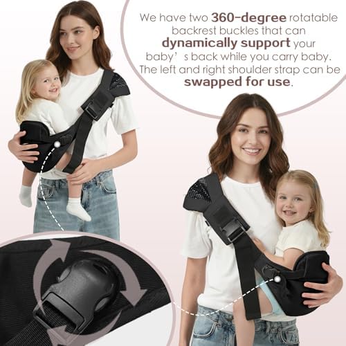 Black baby sling carrier with cushioned shoulder strap showing padding details