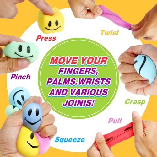 Sixteen colorful smiley face fidget cubes arranged neatly on a clean white background showing color variety.