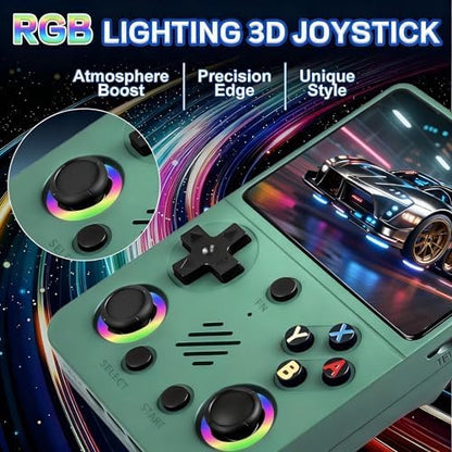 Green Rhesusco RG36PRO gaming console with RGB joysticks