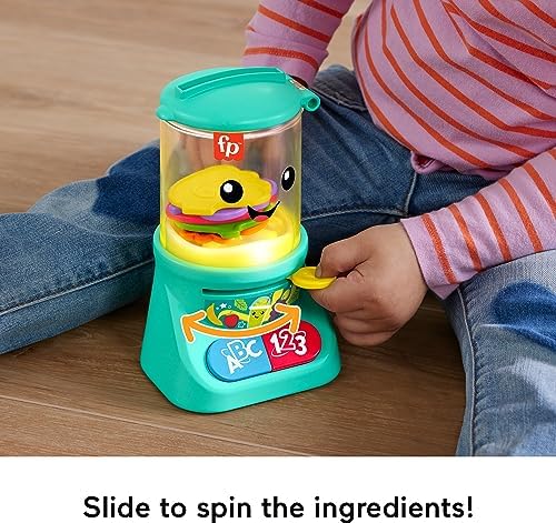 Fisher-Price musical blender toy packaging detailing learning features for age nine months plus.