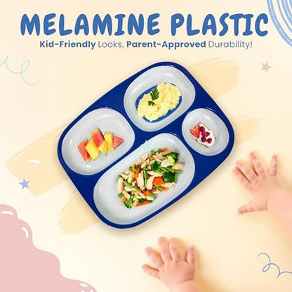 4E's Novelty toddler plates featuring dinosaur and firefighter designs
