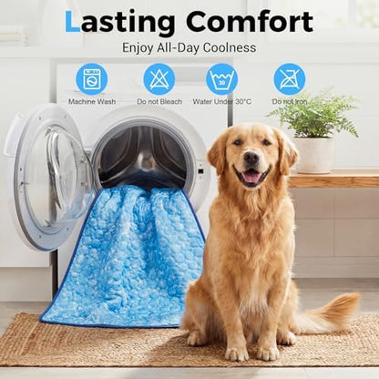 Portable pet cooling bed placed safely inside a metal dog crate kennel