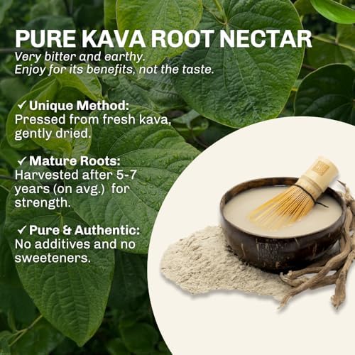 Authentic Vanuatu imported instant kava nectar being stirred into a glass of water