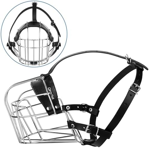 Close up of adjustable leather straps on steel dog muzzle