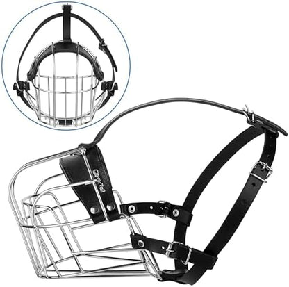 Close up of adjustable leather straps on steel dog muzzle