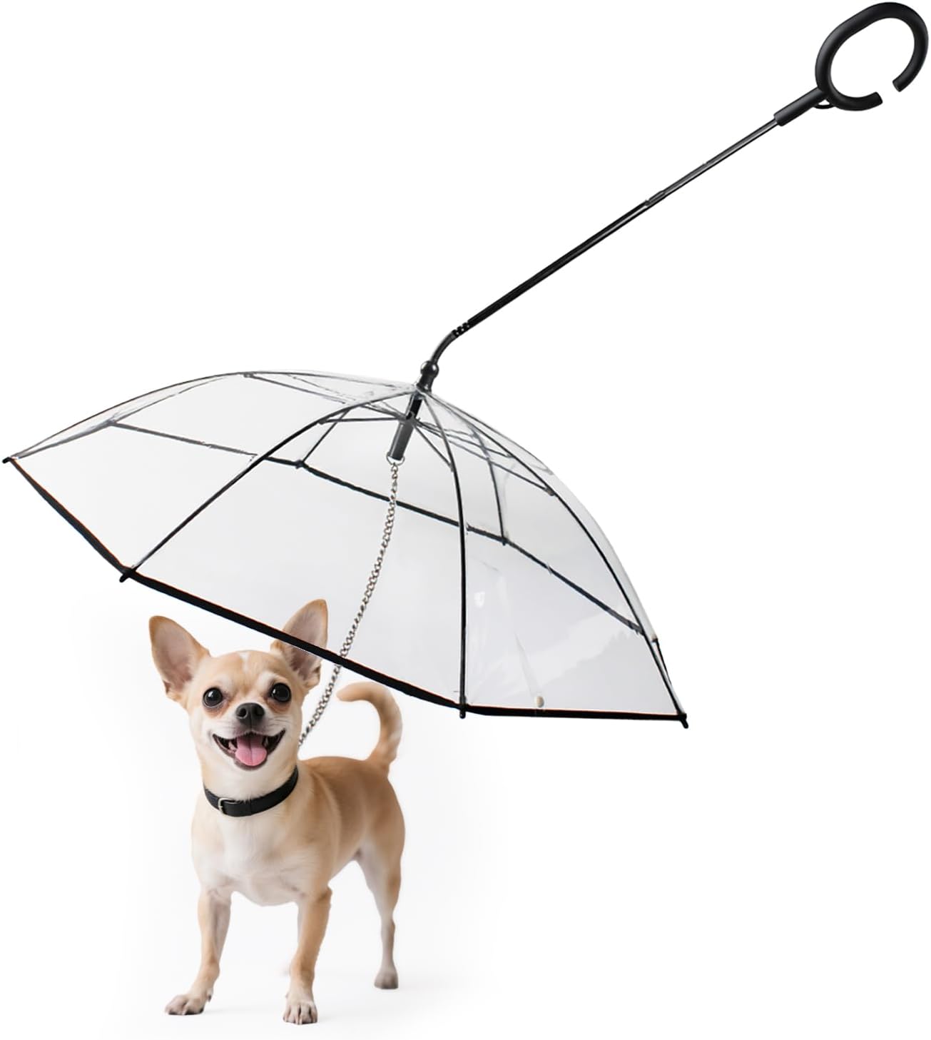 Compact folded dog umbrella with snap design closure for easy storage after monsoon use.