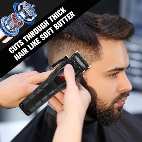 NUTCORE men grooming tool set displayed with its six different multi length guide combs and charging accessories