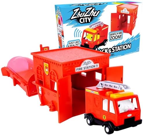 Electronic Hamster Chunk plush pet toy sitting inside the interactive fire truck driver seat.