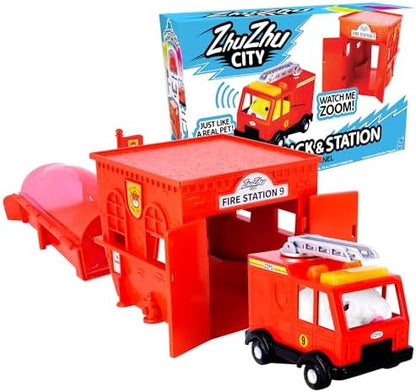 Electronic Hamster Chunk plush pet toy sitting inside the interactive fire truck driver seat.