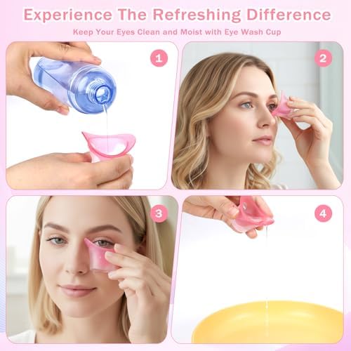 Transparent eye rinse cups highlighting the leak-proof silicone rim.