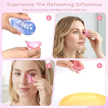 Transparent eye rinse cups highlighting the leak-proof silicone rim.