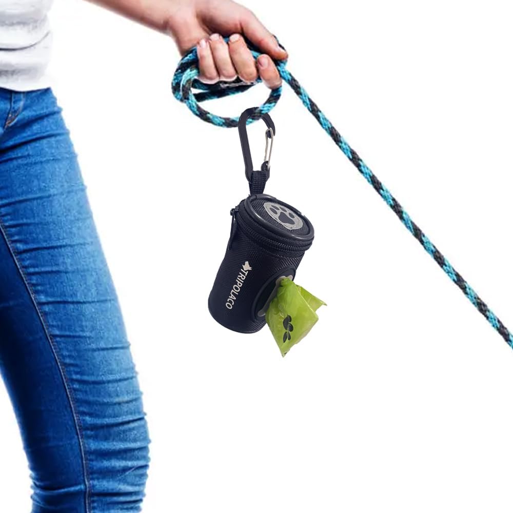 Tripolaco black fabric pet waste dispenser being refilled with standard roll