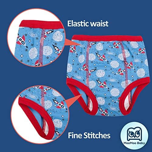 8 pack assortment of MooMoo Baby absorbent underwear laid out flat showing different patterns