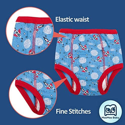 8 pack assortment of MooMoo Baby absorbent underwear laid out flat showing different patterns