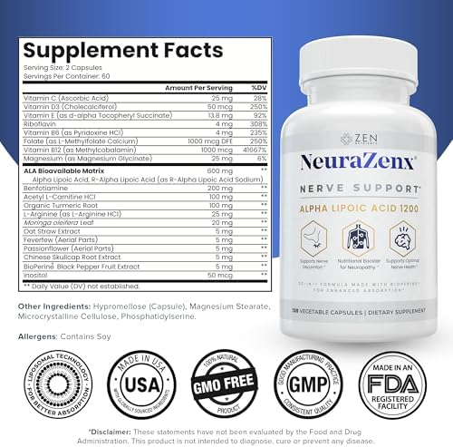 Zen Nutrients NeuraZenX 1200mg Alpha Lipoic Acid supplement bottle showing advanced nerve health formula