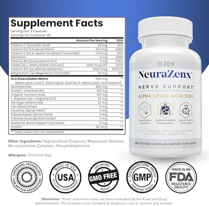 Zen Nutrients NeuraZenX 1200mg Alpha Lipoic Acid supplement bottle showing advanced nerve health formula