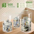 Thingrific unopenable coin box with cash and coins visible inside the transparent cylinder