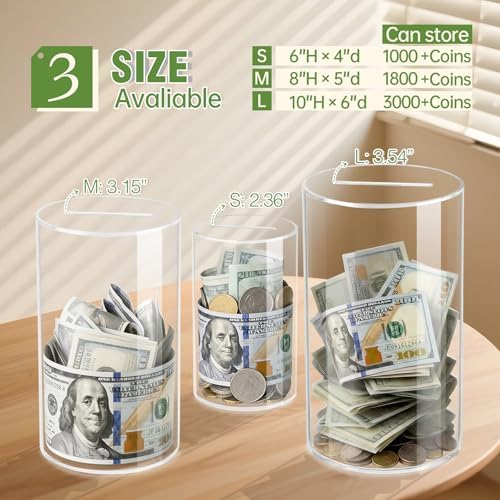 Thingrific unopenable coin box with cash and coins visible inside the transparent cylinder