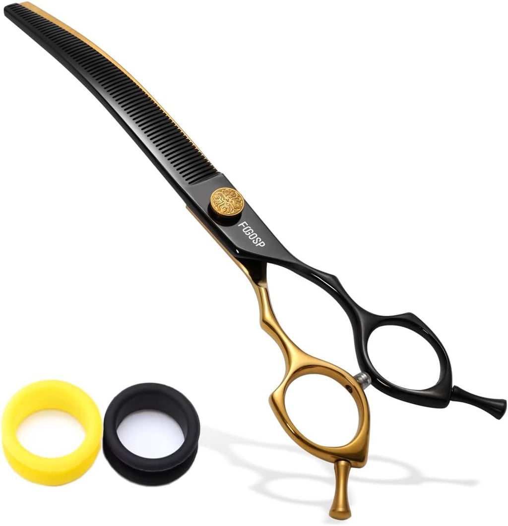 Full pet grooming toolkit layout featuring the SnipStar rainbow curved thinner