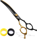Full pet grooming toolkit layout featuring the SnipStar rainbow curved thinner