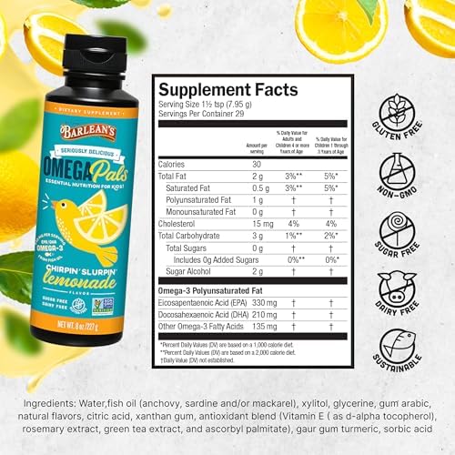 Barlean's kids liquid omega 3 lemonade flavor nutritional facts and ingredients label