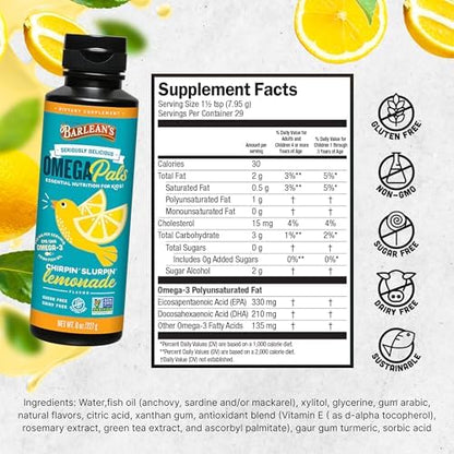 Barlean's kids liquid omega 3 lemonade flavor nutritional facts and ingredients label