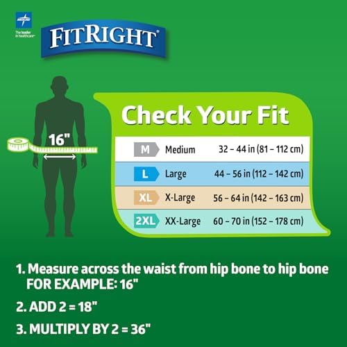 FitRight adult diapers size extra large package side details indicating waist size range from fifty six to sixty four inches.