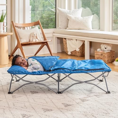 Side angle view of the Regalo My Cot deluxe model illustrating the low to the ground safety height for toddlers.