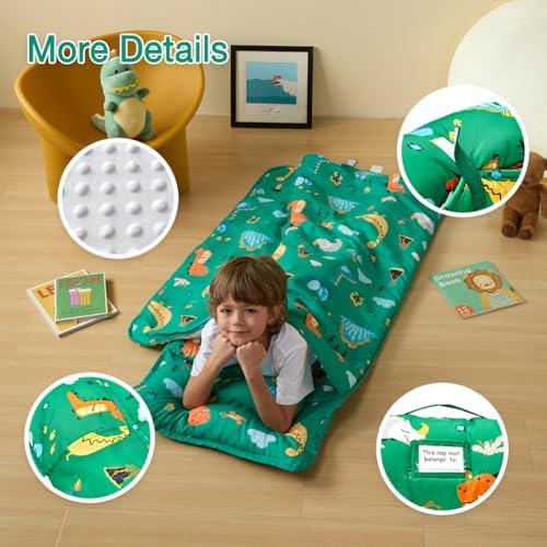 Beeweed kid sleeping bag rolled up with travel handles and name tag visible