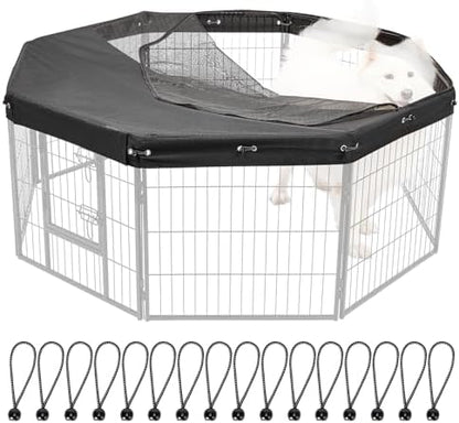 Escape proof pet pen top cover securely attached to an eight panel metal exercise pen.