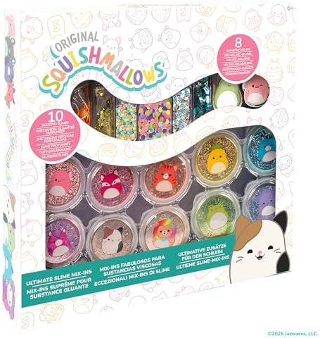 Close up view of individual scented cloud and glitter slime containers with assorted rainbow add-ins.
