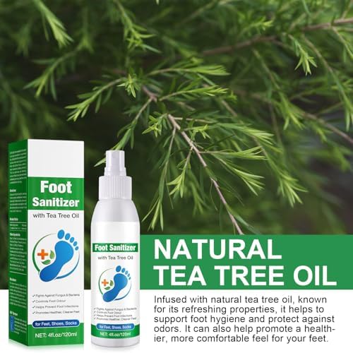 Natural tea tree oil spray for feet showing transparent liquid and nozzle design