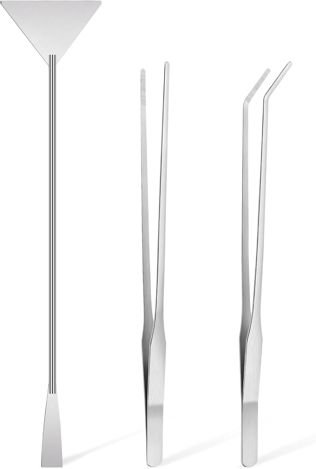 Oligei stainless steel aquarium supplies set front view showing three premium aquascaping tools.
