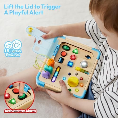 Lalalark Toddler Activity Board showing the openable hinged cover and integrated security lock.