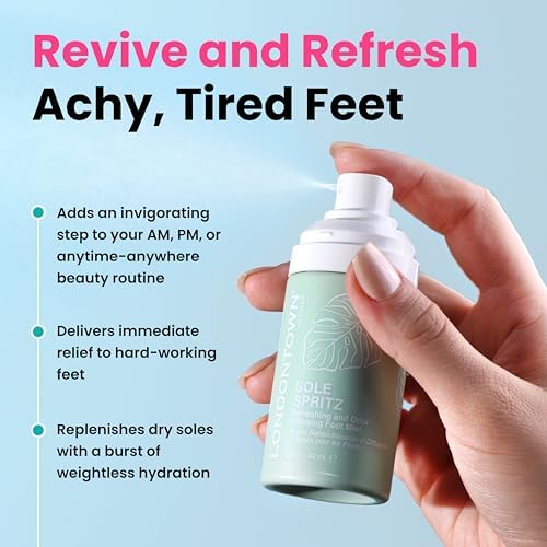 Londontown cooling foot spray with tea tree oil displayed next to natural peppermint leaves showcasing deodorizing ingredients