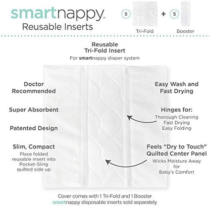 Five tri-fold and five booster cloth diaper inserts side by side