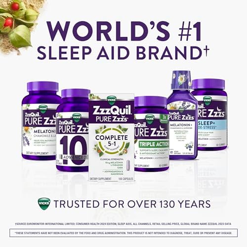ZzzQuil Pure Zzzs sleep support bottle with ashwagandha and magnesium ingredients visible.