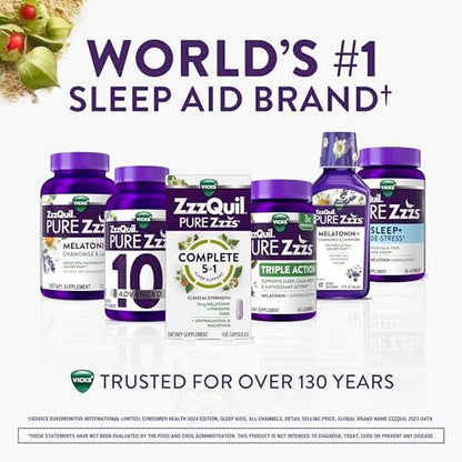 ZzzQuil Pure Zzzs sleep support bottle with ashwagandha and magnesium ingredients visible.