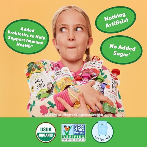 Once Upon a Farm zero added sugar immunity blend variety pack box contents display