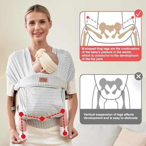 Infant sitting comfortably in the recommended M-shaped posture inside the vrbabies cotton holder.