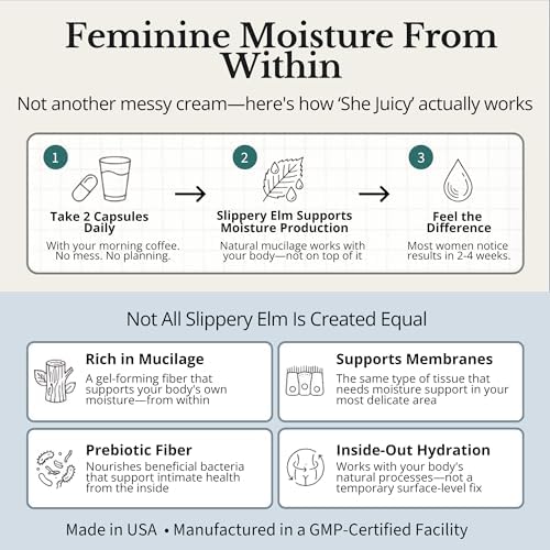 Supplement facts label for She Juicy showing 800mg Slippery Elm Bark dosage.