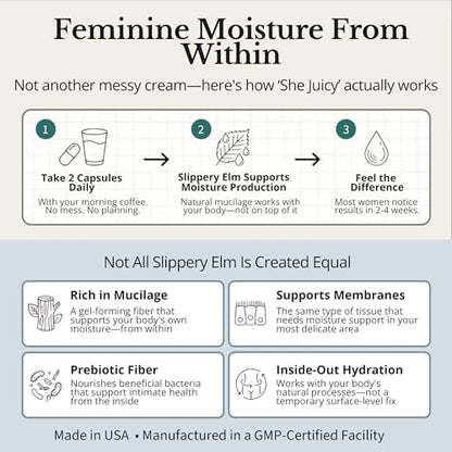 Supplement facts label for She Juicy showing 800mg Slippery Elm Bark dosage.