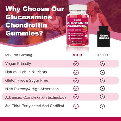 Glucosamine Chondroitin Gummies with MSM & Elderberry Extra Strength 3000MG - Joint Support, Antioxidant Immune Support Supplement for Adults, Men & Women - 90 Raspberry Gummies - Image 4
