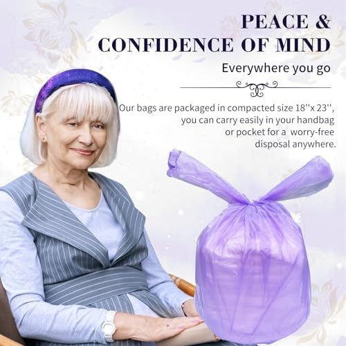 Dergik purple scented senior waste bags showing size dimensions
