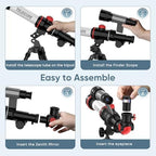 Side angle of the portable ToyerBee telescope illustrating the easy assembly knobs and compact finderscope attachment.
