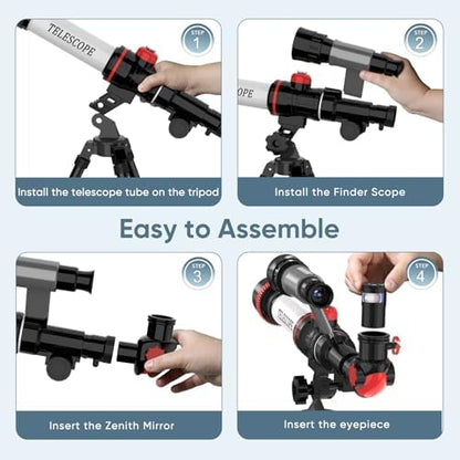 Side angle of the portable ToyerBee telescope illustrating the easy assembly knobs and compact finderscope attachment.