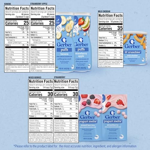 Gerber Strawberry Yogurt Melts freeze dried toddler snacks package displaying nutritional highlights and real fruit ingredients