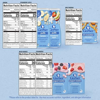 Gerber Strawberry Yogurt Melts freeze dried toddler snacks package displaying nutritional highlights and real fruit ingredients