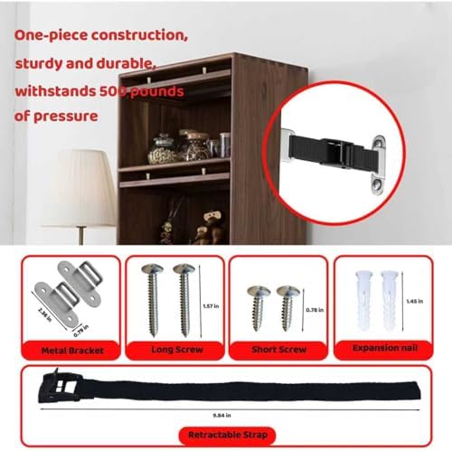 OKETHERMO adjustable safety straps mounted behind a wooden dresser for child proofing