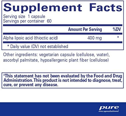 Pure Encapsulations Alpha Lipoic Acid supplement nutrition label